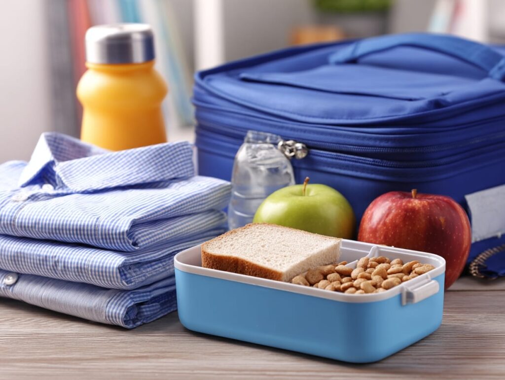 school supplies lunch box and school uniform on table