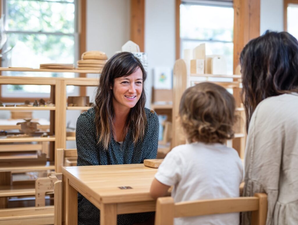 Parent meeting with a Montessori teacher and their child in a calm, wood-filled classroom while considering the school
