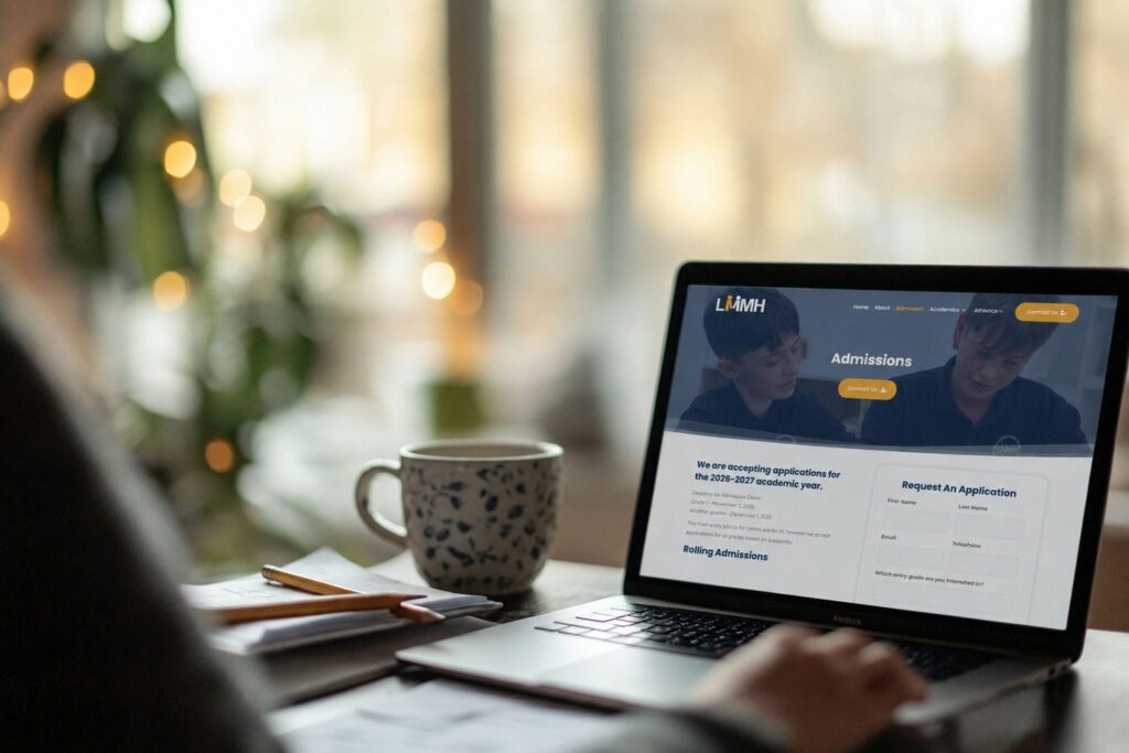 Parent reviewing La Maison Montessori House admissions page online to verify current deadlines and grade availability