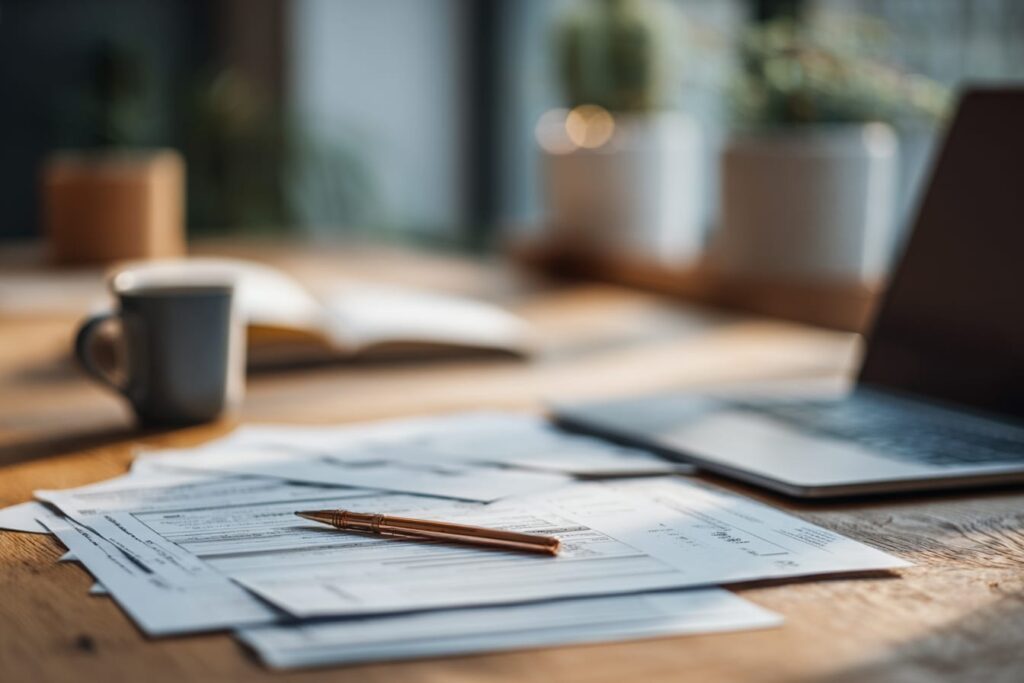 Application form and school reports on a desk, prepared before a Montessori assessment day