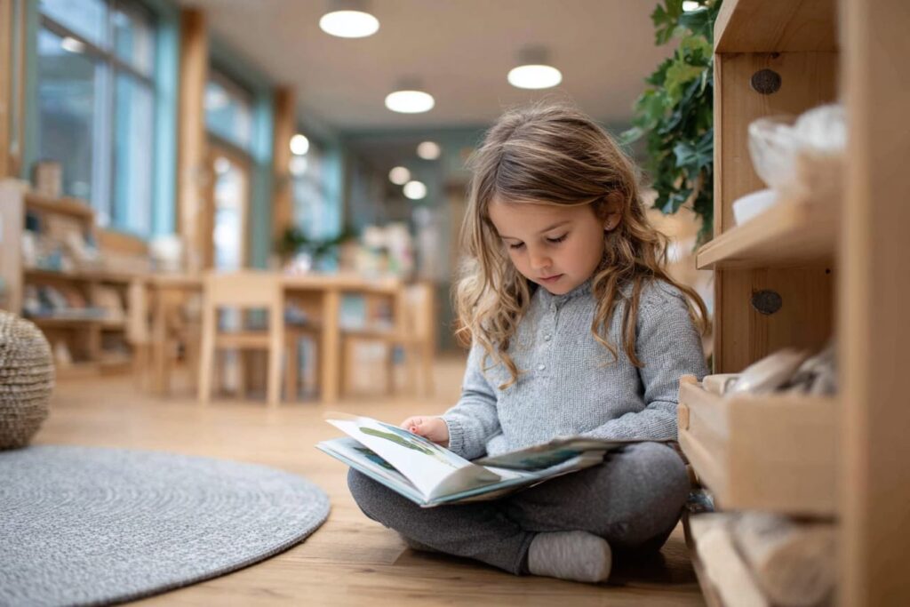 A calm classroom reading corner, reassuring for a child who is nervous, quiet, or has support needs