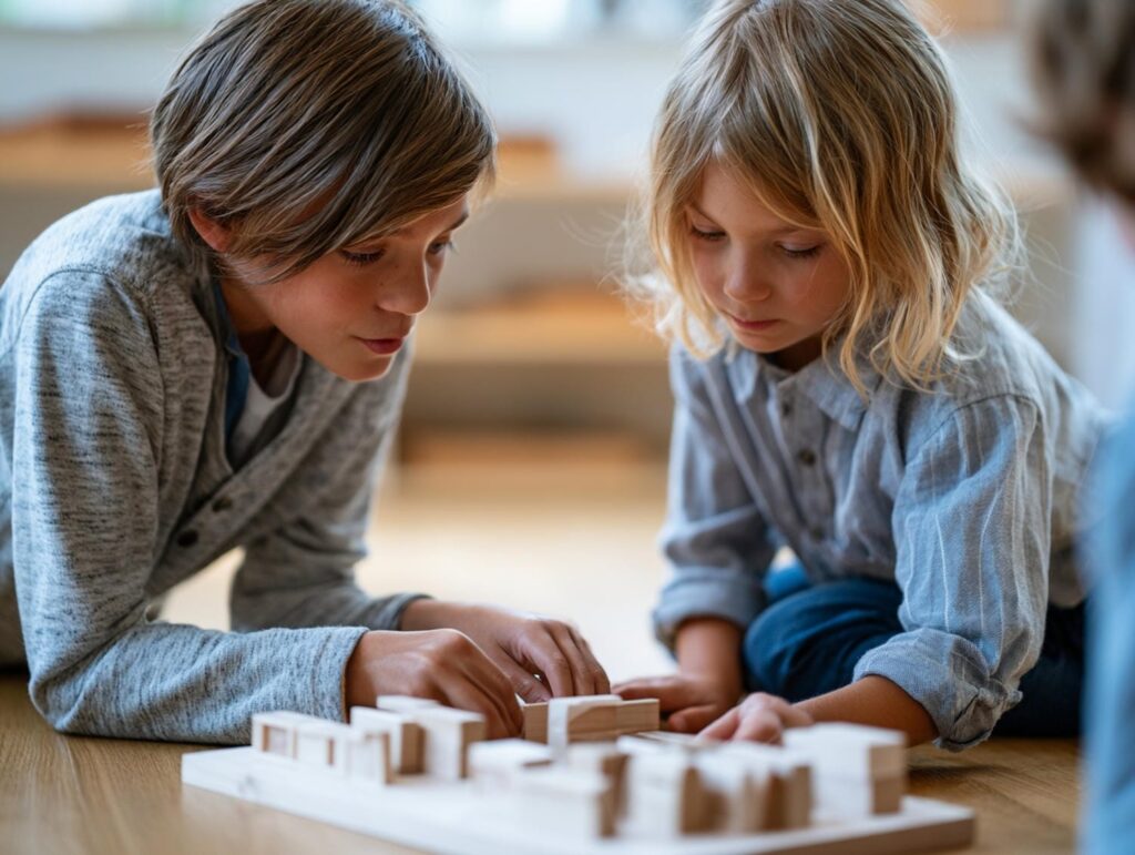 Older Montessori student helping a younger peer with a learning material in a multi-age classroom