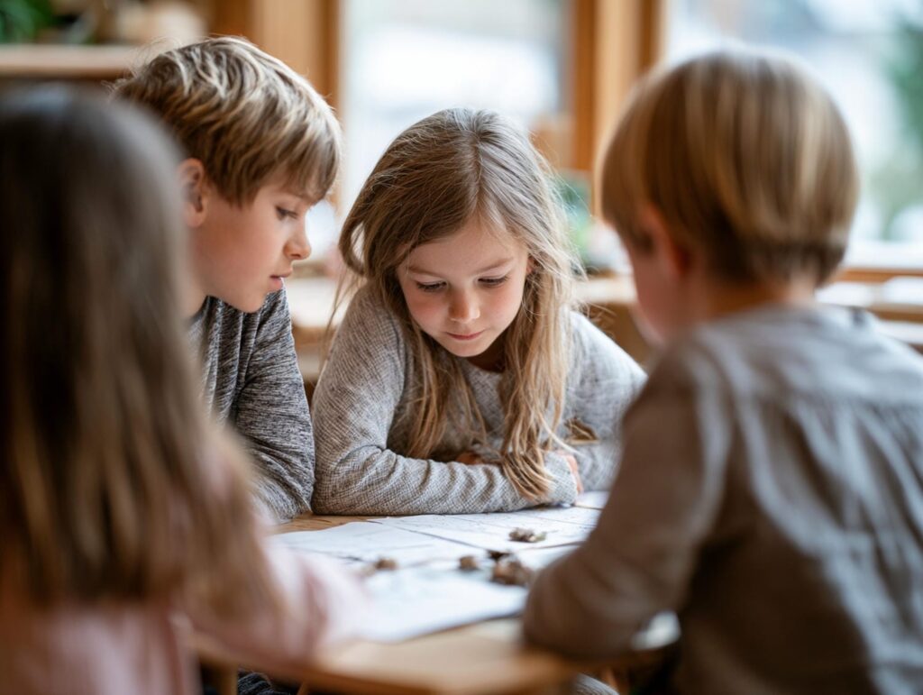 Small group of Montessori elementary students collaborating on a shared project in a multi-age classroom