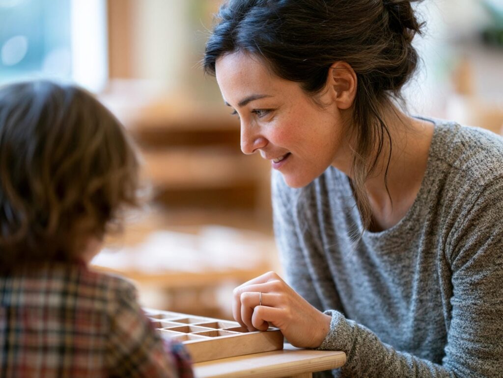 Montessori teacher giving an individual lesson to an elementary student at a small table