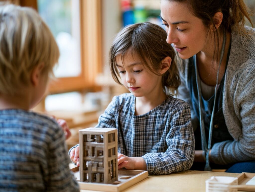 Younger Montessori student receiving warm guidance from a teacher in a multi-age classroom