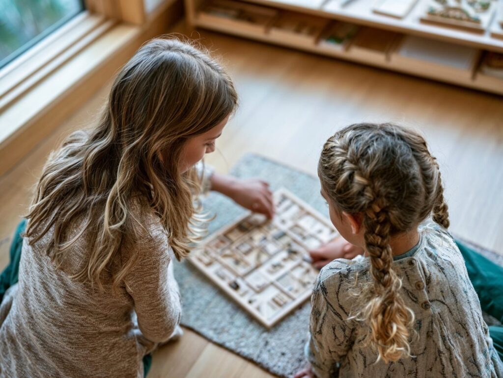 Older Montessori student working alongside a younger student in a multi-age elementary classroom