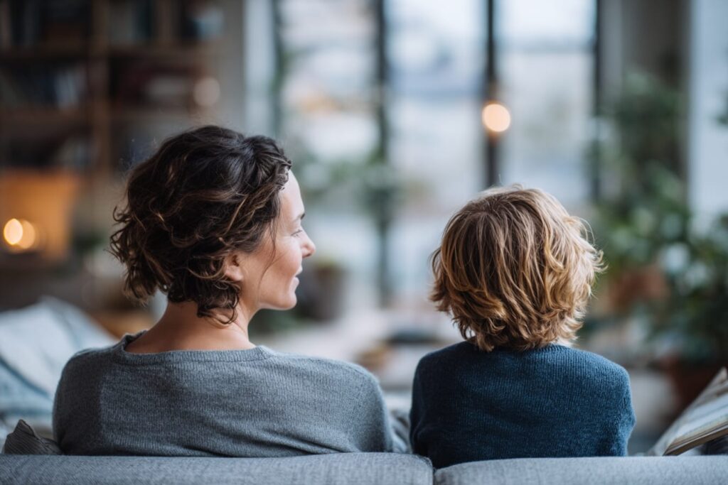 A parent reassuring a young child at home, preparing calmly without over-coaching for assessment day
