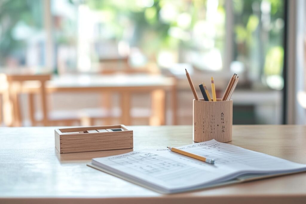Reading book and math materials on a desk, reflecting the academic foundations a school looks for