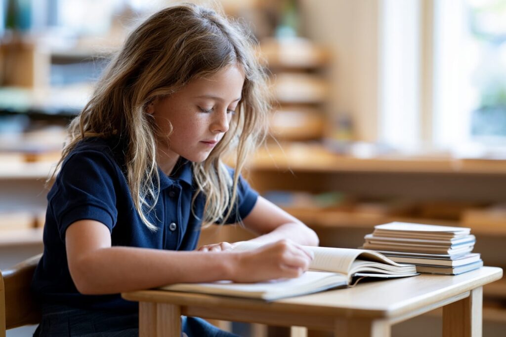 Grade 6 Montessori student in uniform working independently at a desk with focused study representing high school preparation