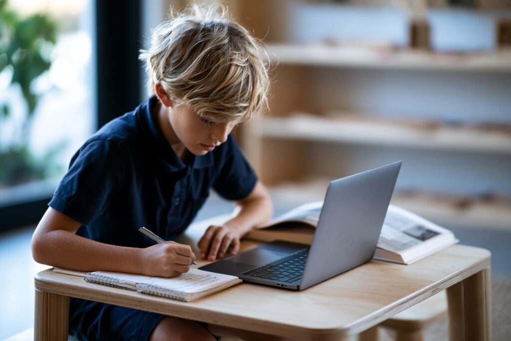 Grade 6 Montessori student in uniform using a laptop for purposeful research as technology is thoughtfully introduced