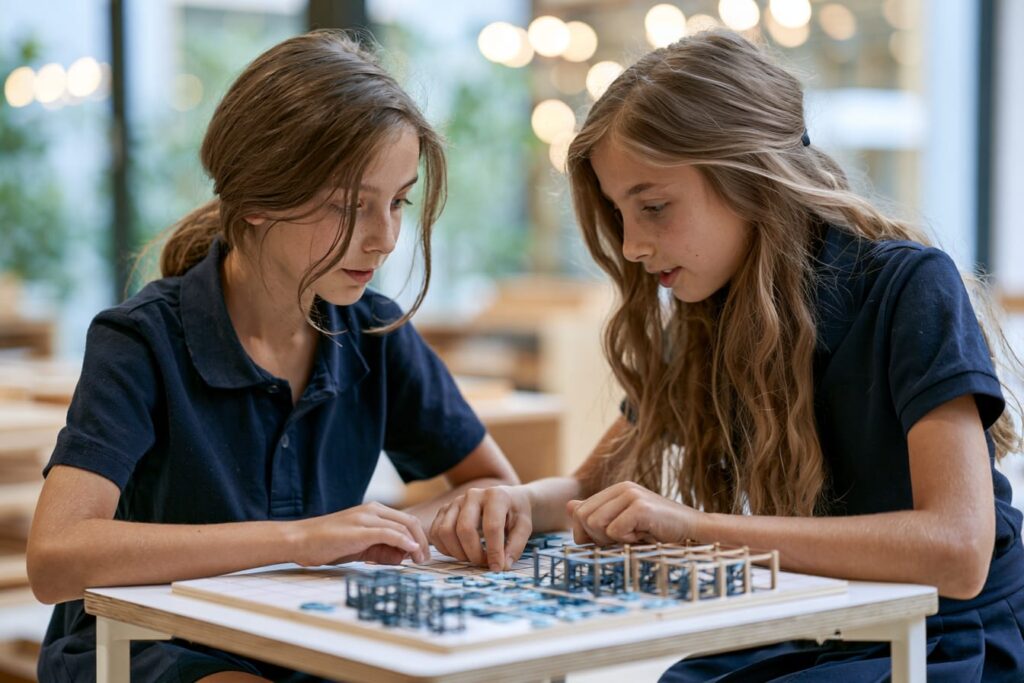 Older student in uniform new to Montessori working alongside a returning peer during upper elementary transition