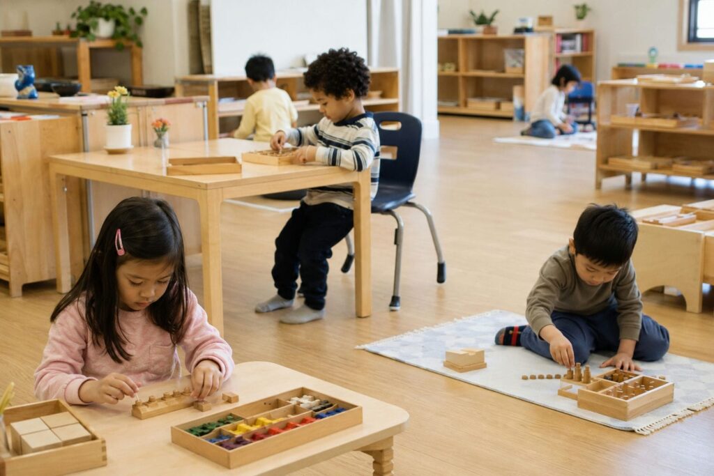 Young students working with hands-on materials in a private elementary classroom in Ontario