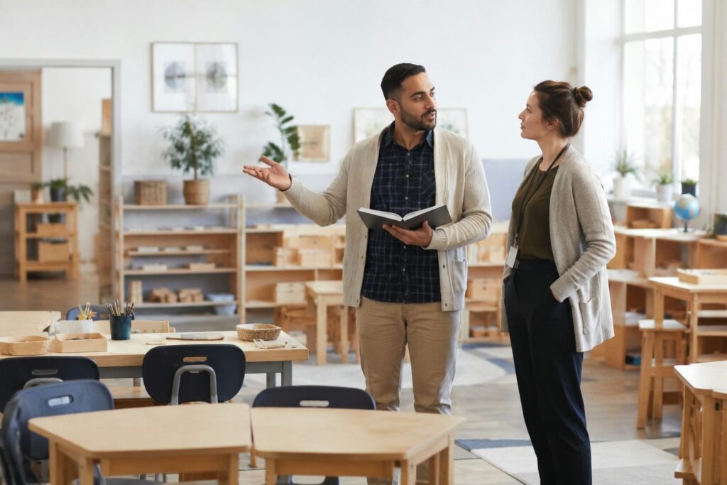 Two education reviewers talking during an accreditation visit in a bright school classroom