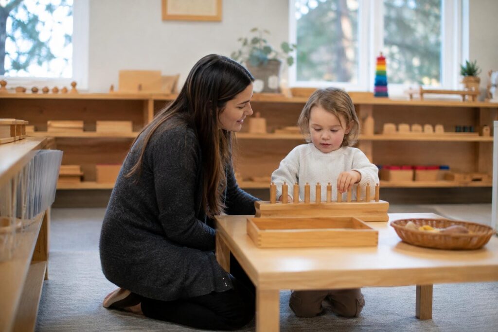 Montessori teacher kneeling beside a three-year-old working with wooden materials in a York Region classroom, the best age to start Montessori