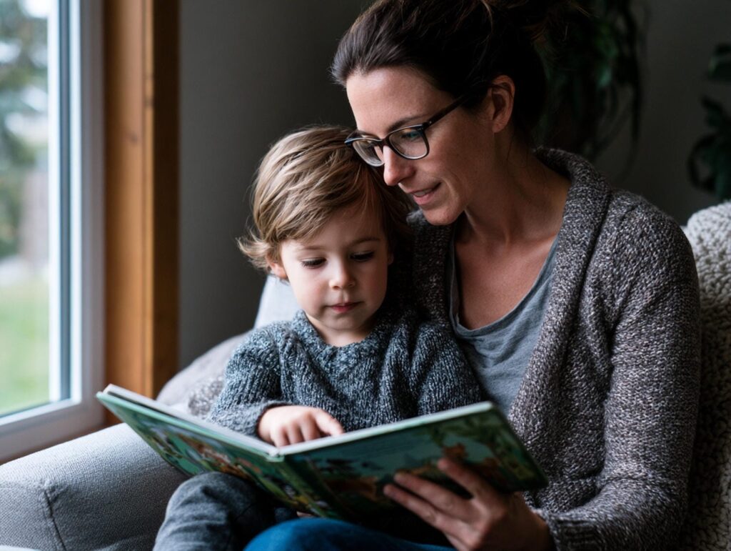 Parent and young child reading a picture book together on a couch at home in York Region