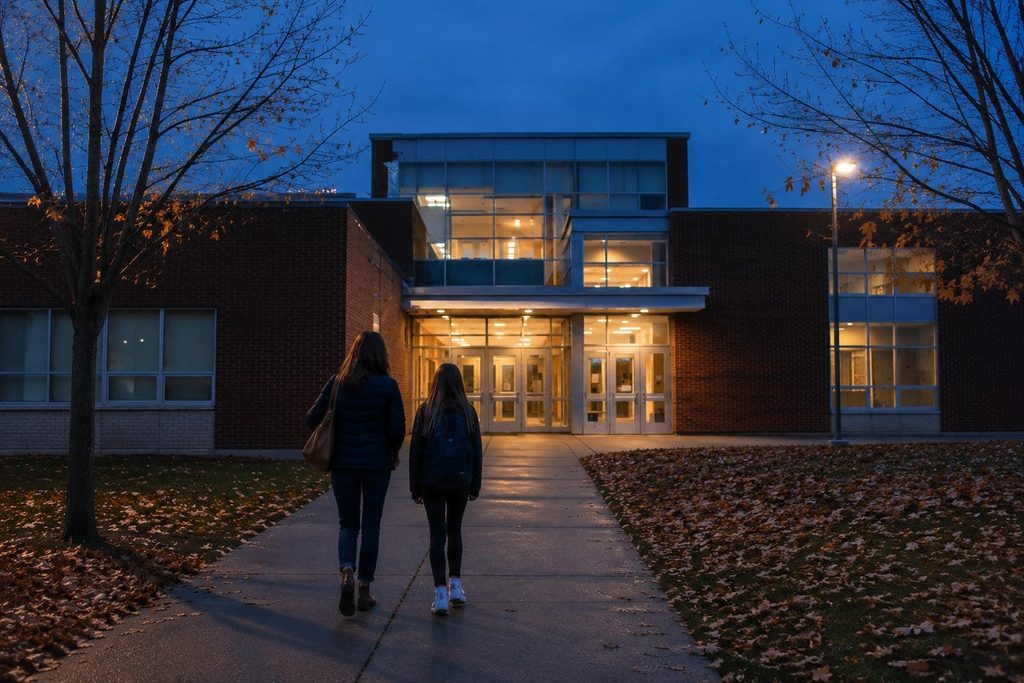Parent and Grade 8 student walking toward a high school entrance on an autumn open house evening in York Region