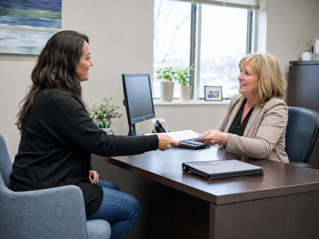Parent passing documents across a desk to a school administrator during a Grade 9 registration appointment in York Region