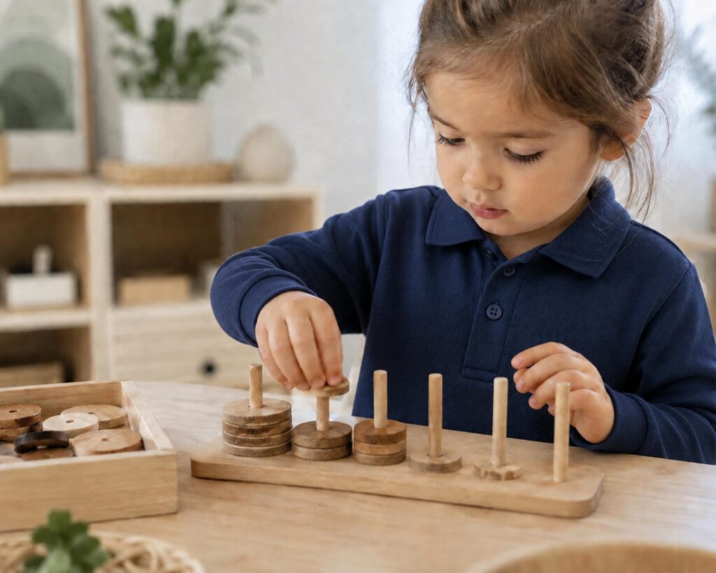 Young child concentrating on natural wooden learning materials at a low table