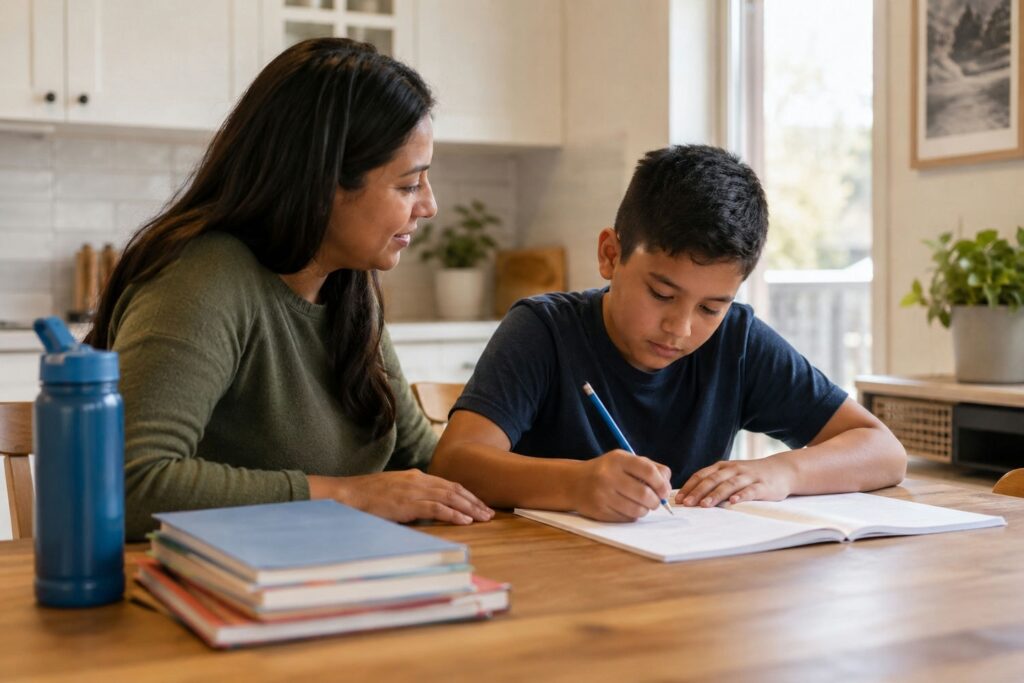 Parent sitting beside a school-age child doing homework at a tidy kitchen table