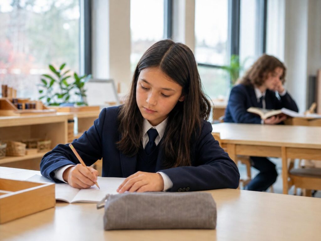 Montessori Grade 6 student working at a wooden classroom table in York Region, two years before the high school transition