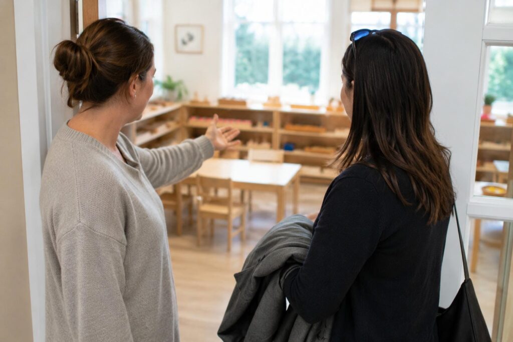 Parent talking with a teacher in a classroom doorway during a private school tour in Newmarket