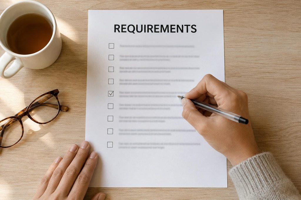 Parent ticking items on a printed high school graduation requirements checklist at a kitchen table