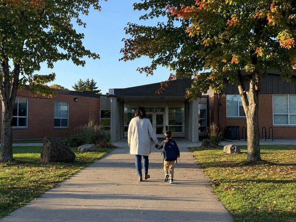 Parent walking a four-year-old to the door of an Ontario school on a September morning