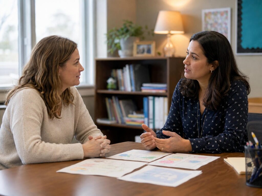 Parent and teacher talking across a small table about a child's schoolwork