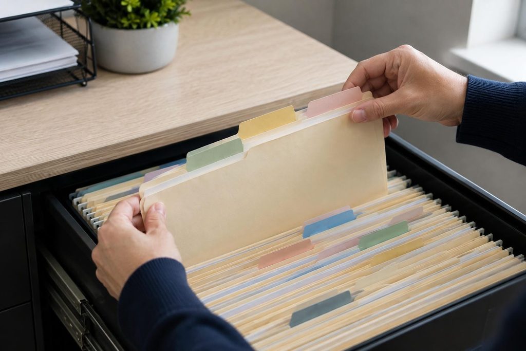 Hands lifting a student record folder from a drawer of files in a school office