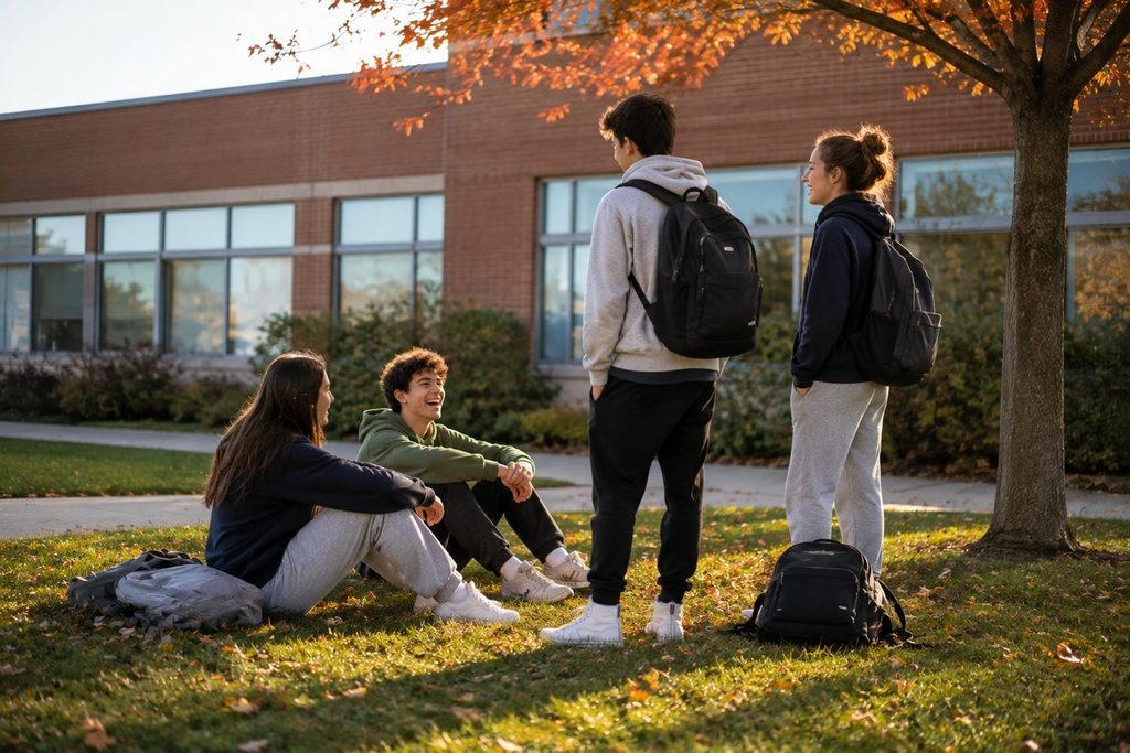 Group of teenagers talking together on the grass outside their school on a sunny autumn afternoon