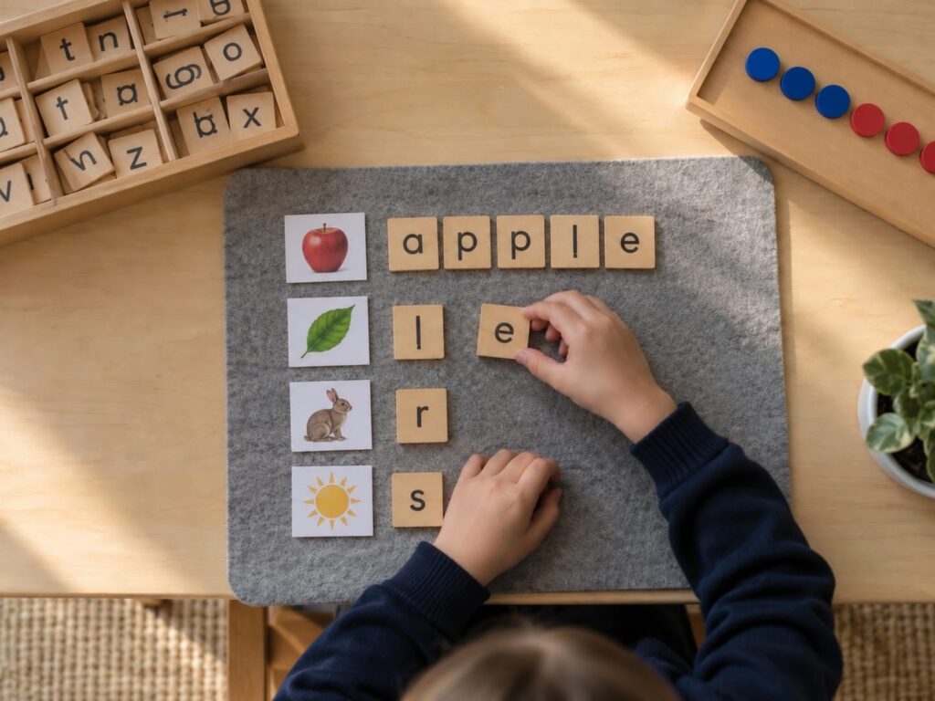 Child's hands sorting wooden letter tiles and picture cards on a felt mat during a language activity.