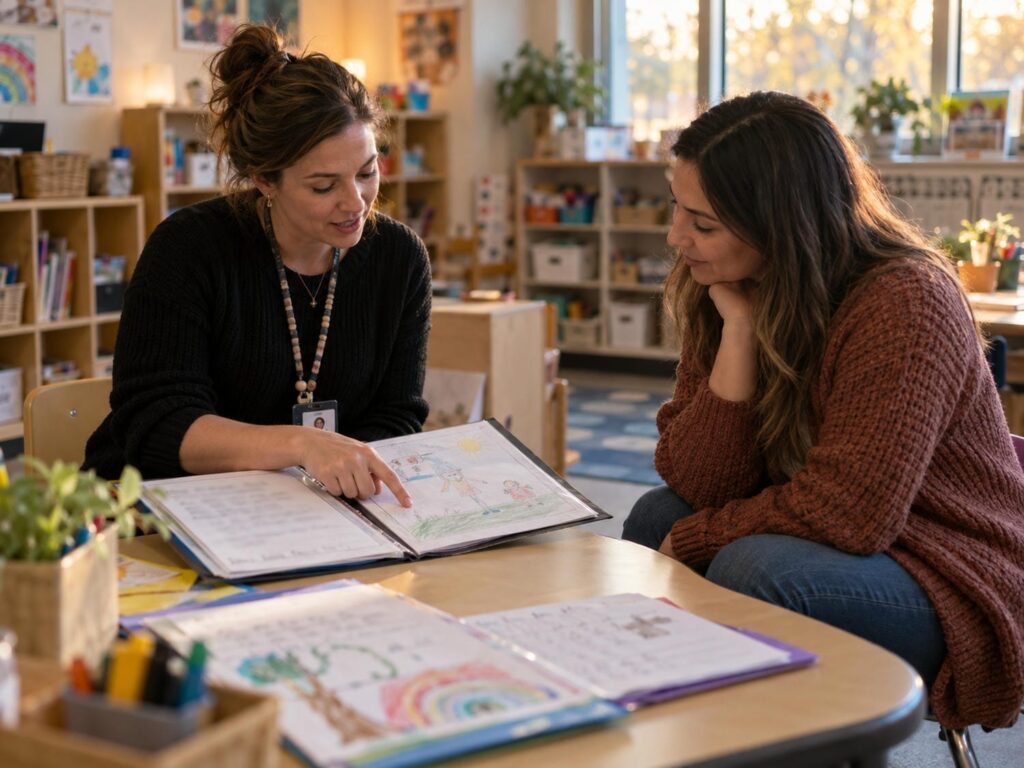 Teacher showing a parent a folder of a child's dated work samples at a low table in an elementary classroom in York Region.