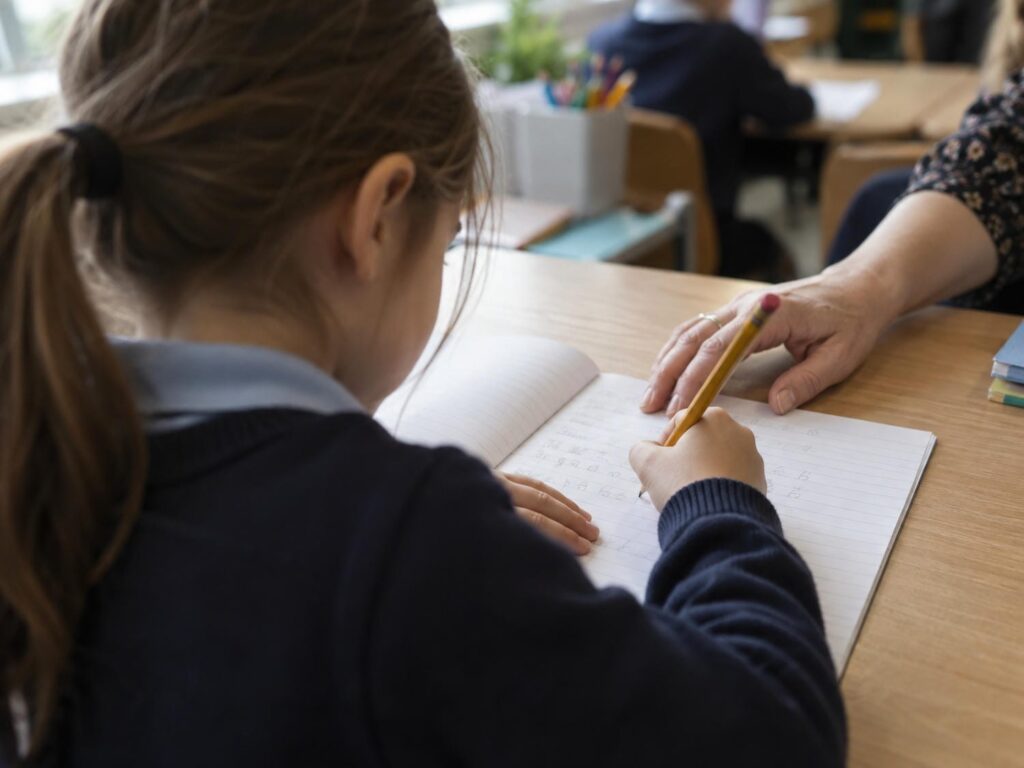 Seven year old writing in a lined exercise book at a classroom desk while a teacher points to the page.