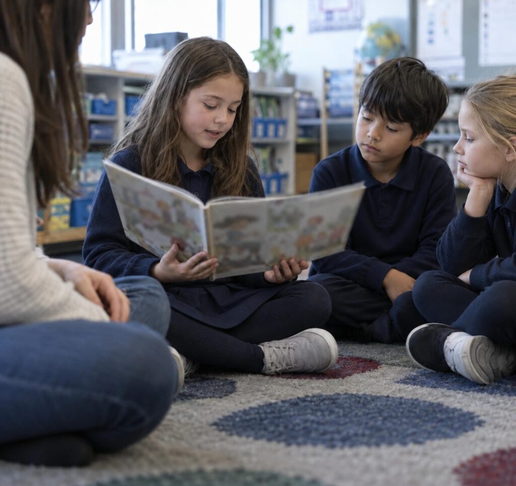 Nine year old reading aloud from a French picture book to two classmates on a classroom rug.