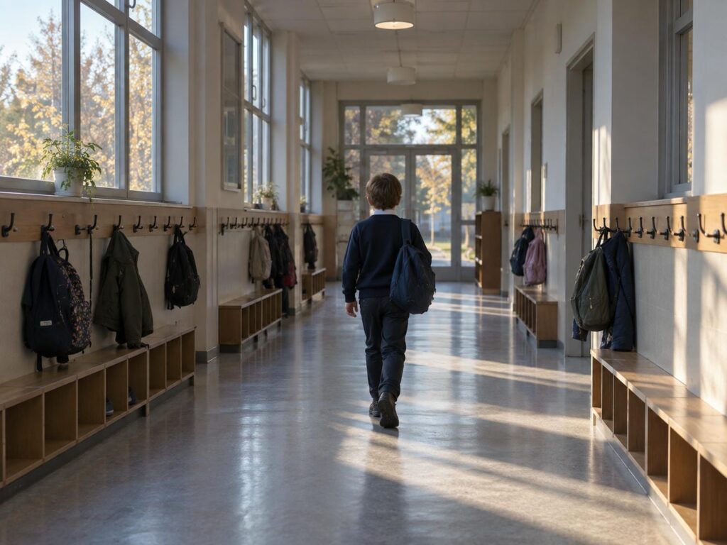 Elementary student walking past a row of coat hooks in a quiet Ontario school hallway on an autumn afternoon.