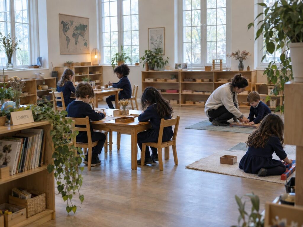 Children working at low tables and floor mats in a French immersion Montessori classroom in York Region, with French labels on the shelves.