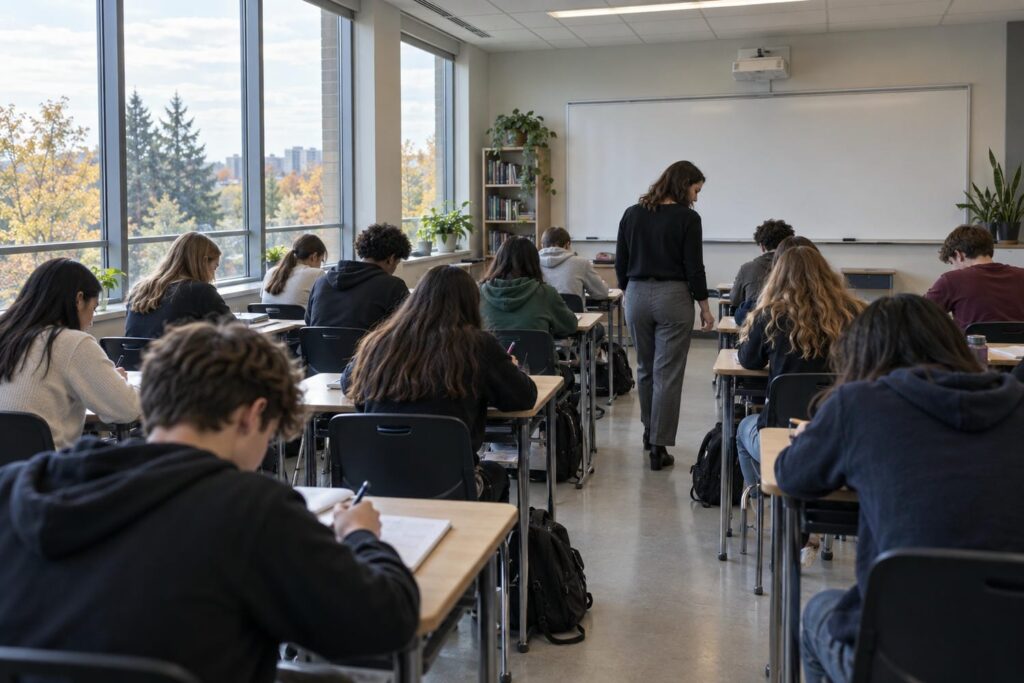 Teacher walking between rows of teenage students working at their desks during a diploma credit course in an Ontario high school classroom.
