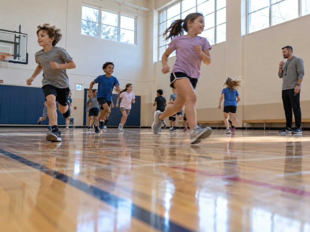 Elementary students running across a school gymnasium in Ontario during a daily physical education period.