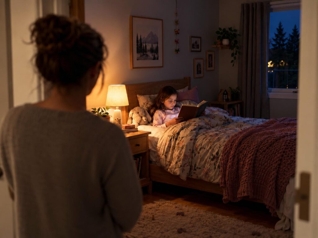 Child reading a chapter book in bed under a lamp at night while a parent watches from the lit bedroom doorway.