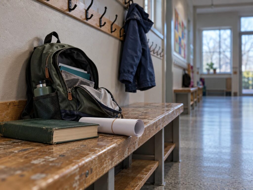 Open school backpack with a book and a rolled sheet of paper beside it on a wooden bench under a row of coat hooks in an elementary school entryway.