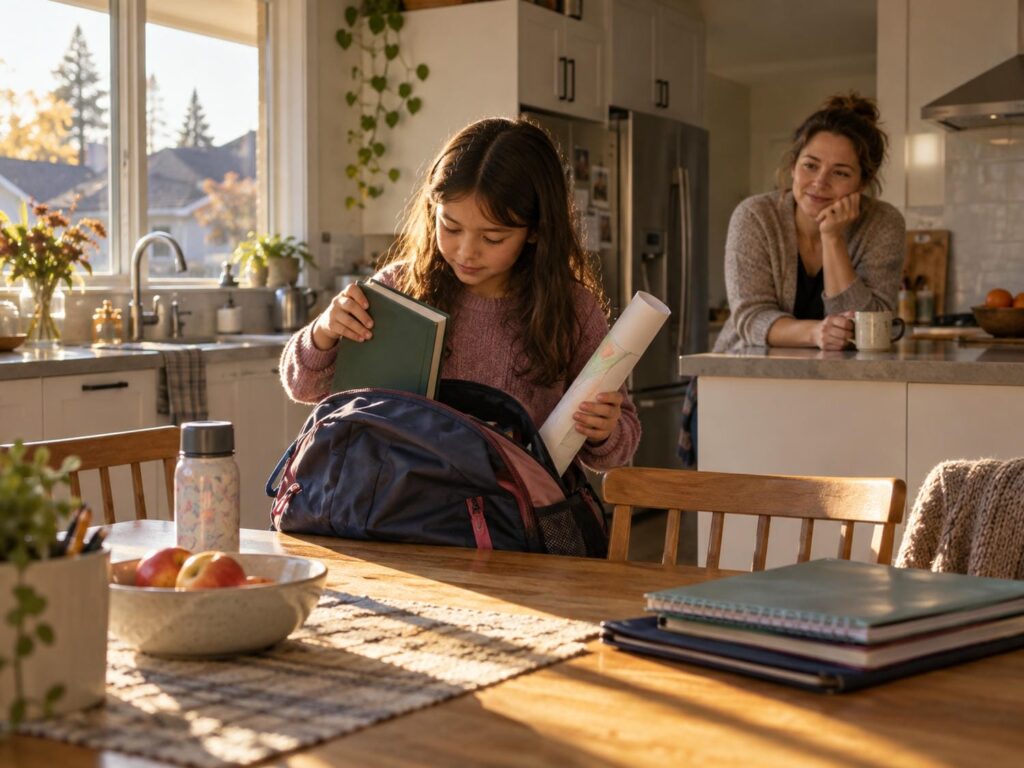 Child unpacking a school backpack at a kitchen table in York Region after school, lifting out a book and a rolled sheet of paper while a parent listens nearby.
