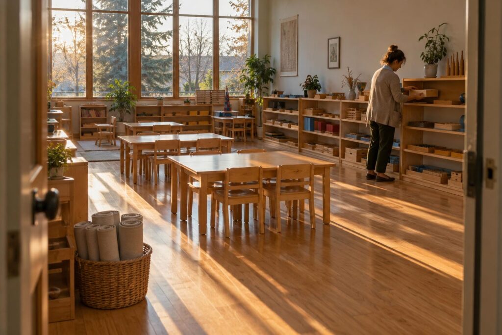 Empty Montessori elementary classroom seen from the doorway at the end of the day, a teacher setting a wooden tray back onto a low shelf.