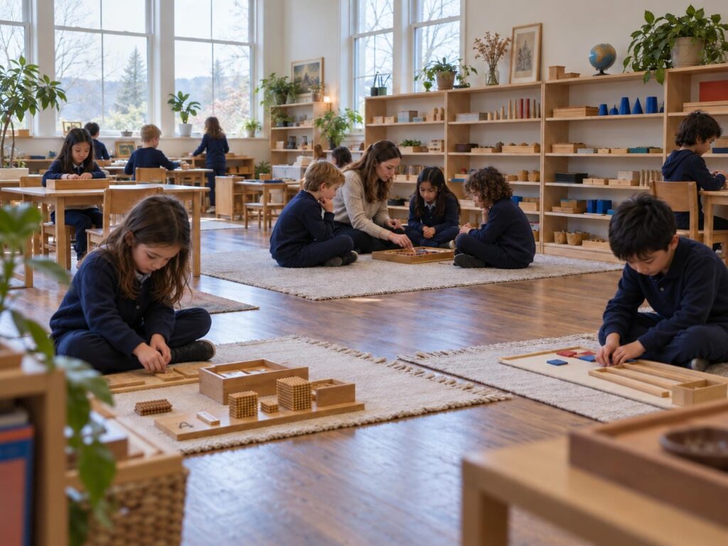 Children aged six to twelve working with wooden Montessori materials on floor mats and low tables while a teacher kneels beside a small group during the morning work period.