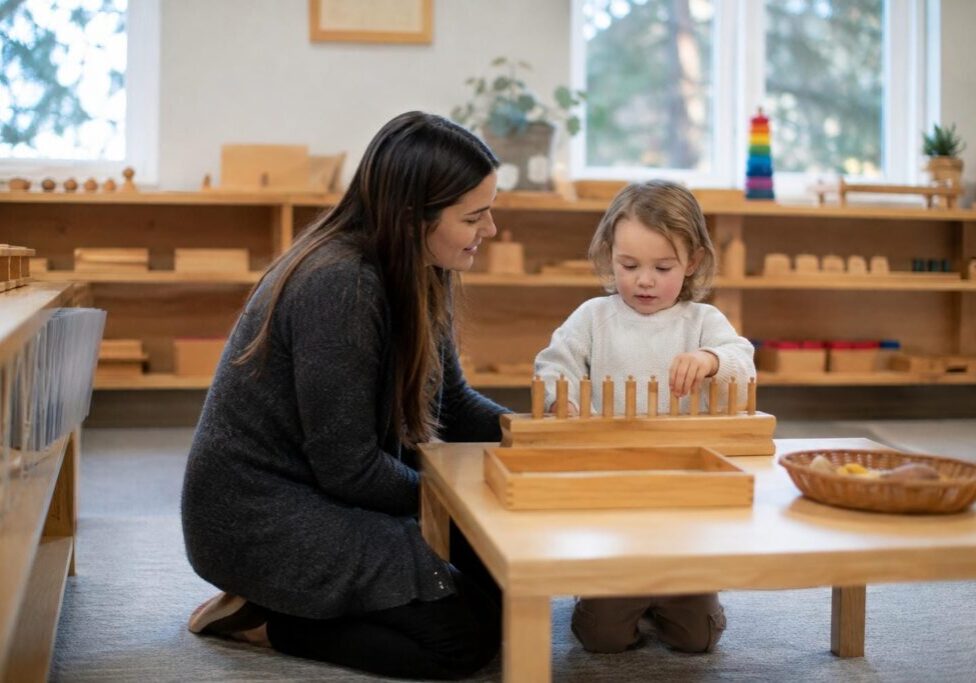 Montessori teacher kneeling beside a three-year-old working with wooden materials in a York Region classroom, the best age to start Montessori