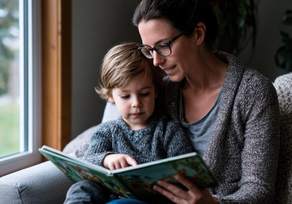 Parent and young child reading a picture book together on a couch at home in York Region