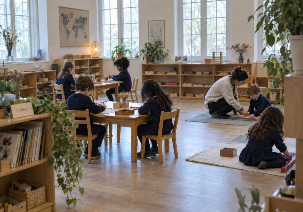 Children working at low tables and floor mats in a French immersion Montessori classroom in York Region, with French labels on the shelves.