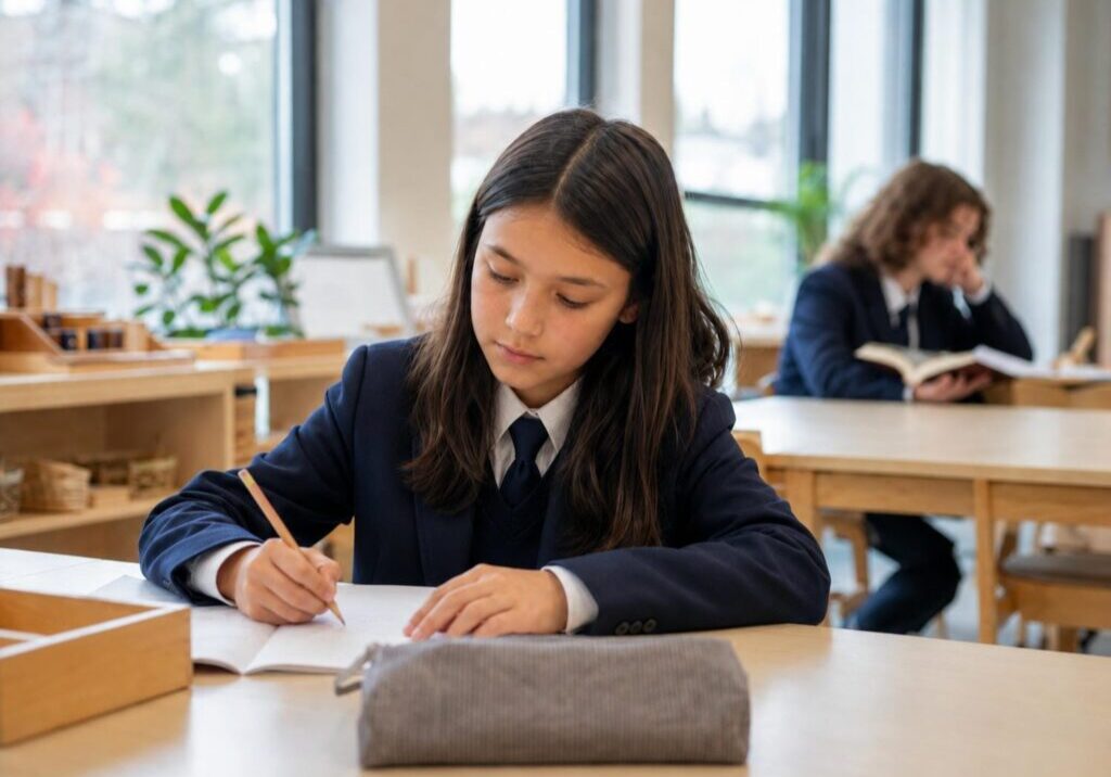 Montessori Grade 6 student working at a wooden classroom table in York Region, two years before the high school transition
