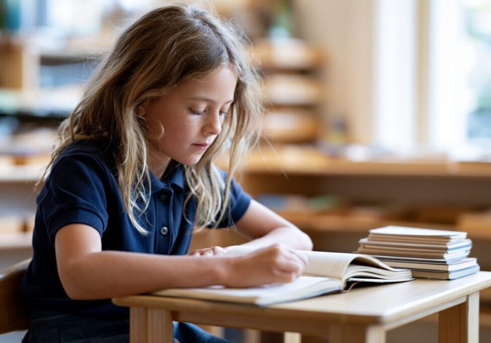 Grade 6 Montessori student in uniform working independently at a desk with focused study representing high school preparation
