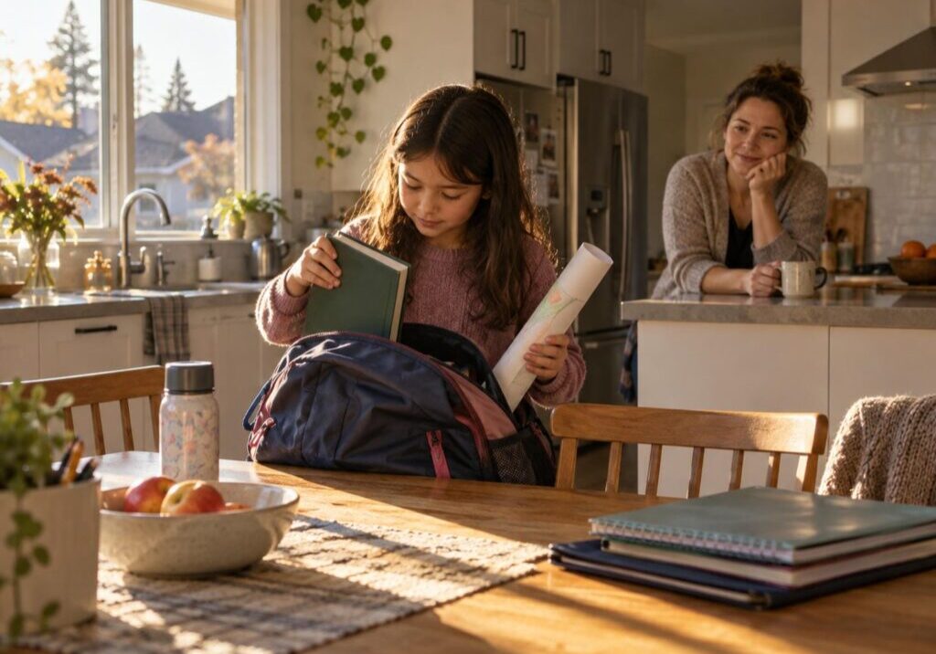 Child unpacking a school backpack at a kitchen table in York Region after school, lifting out a book and a rolled sheet of paper while a parent listens nearby.