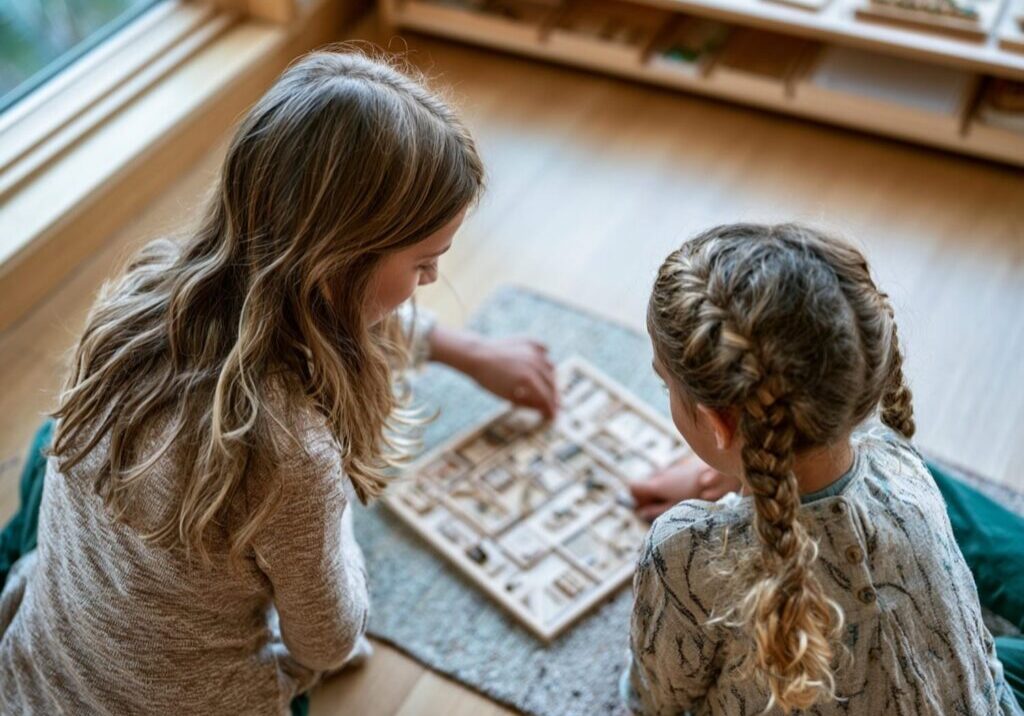 Older Montessori student working alongside a younger student in a multi-age elementary classroom